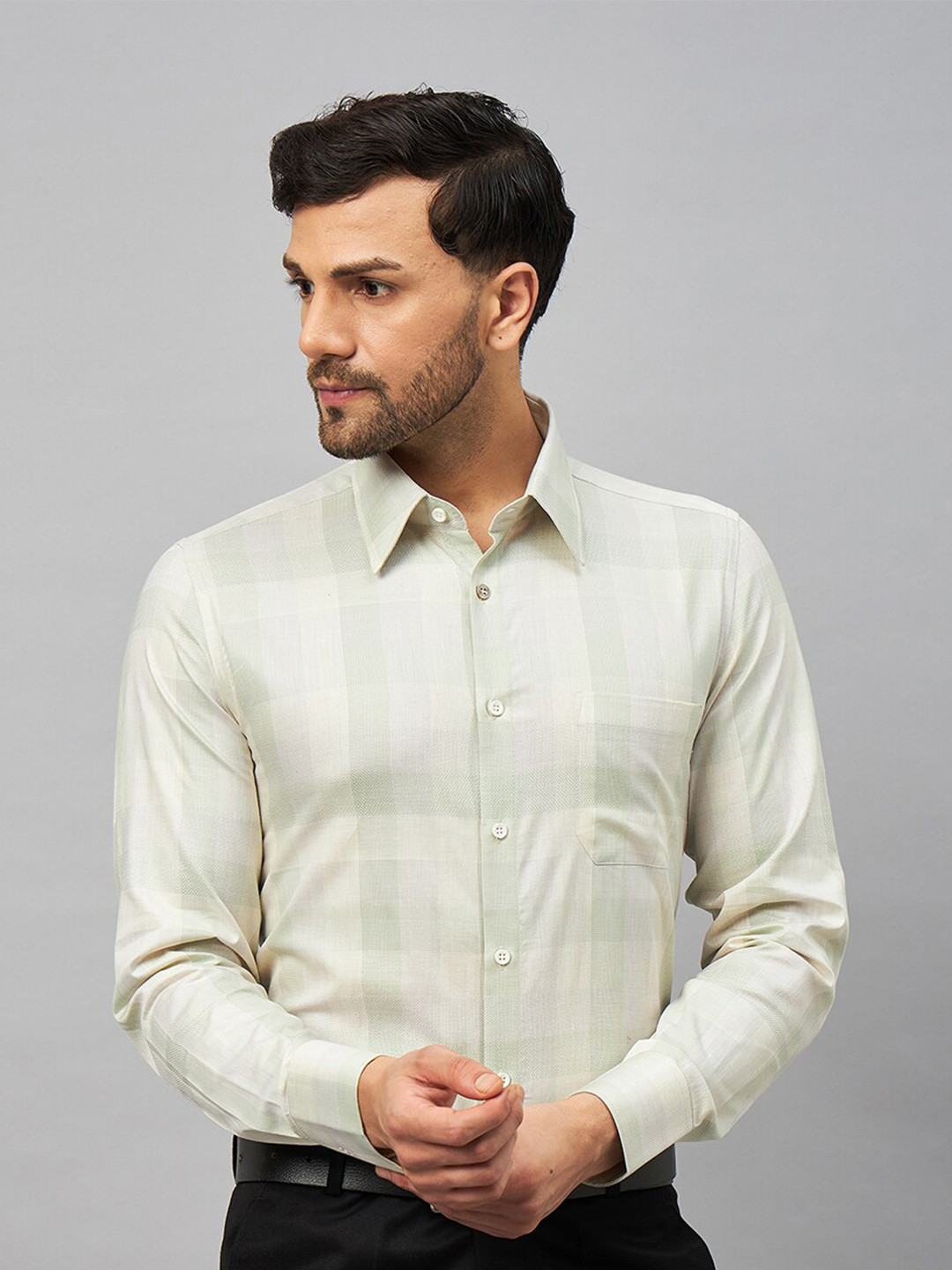

LOUIS STITCH Comfort Buffalo Checked Spread Collar Pure Cotton Formal Shirt, Green