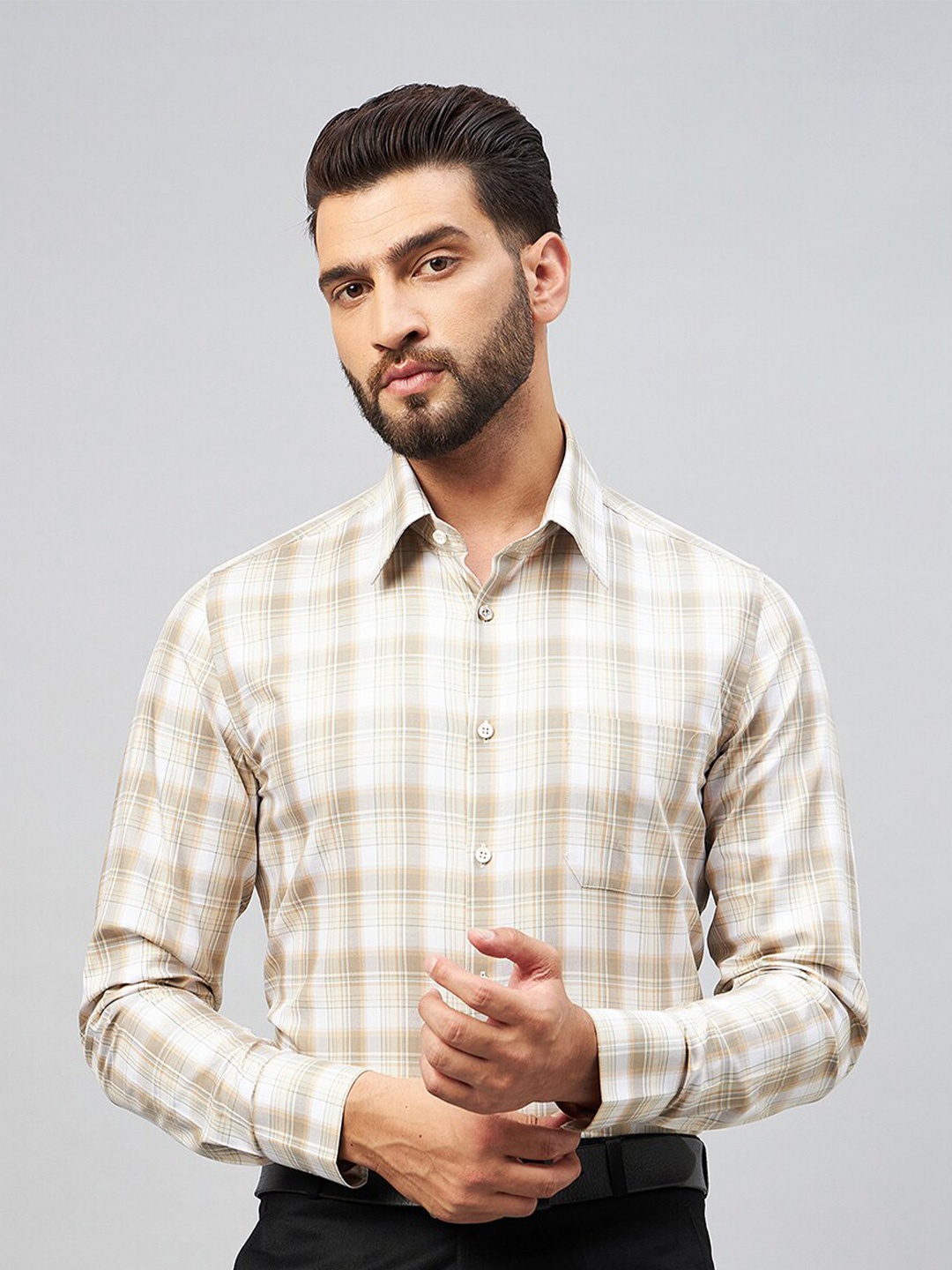 

LOUIS STITCH Comfort Gingham Checks Checked Cotton Formal Shirt, Cream