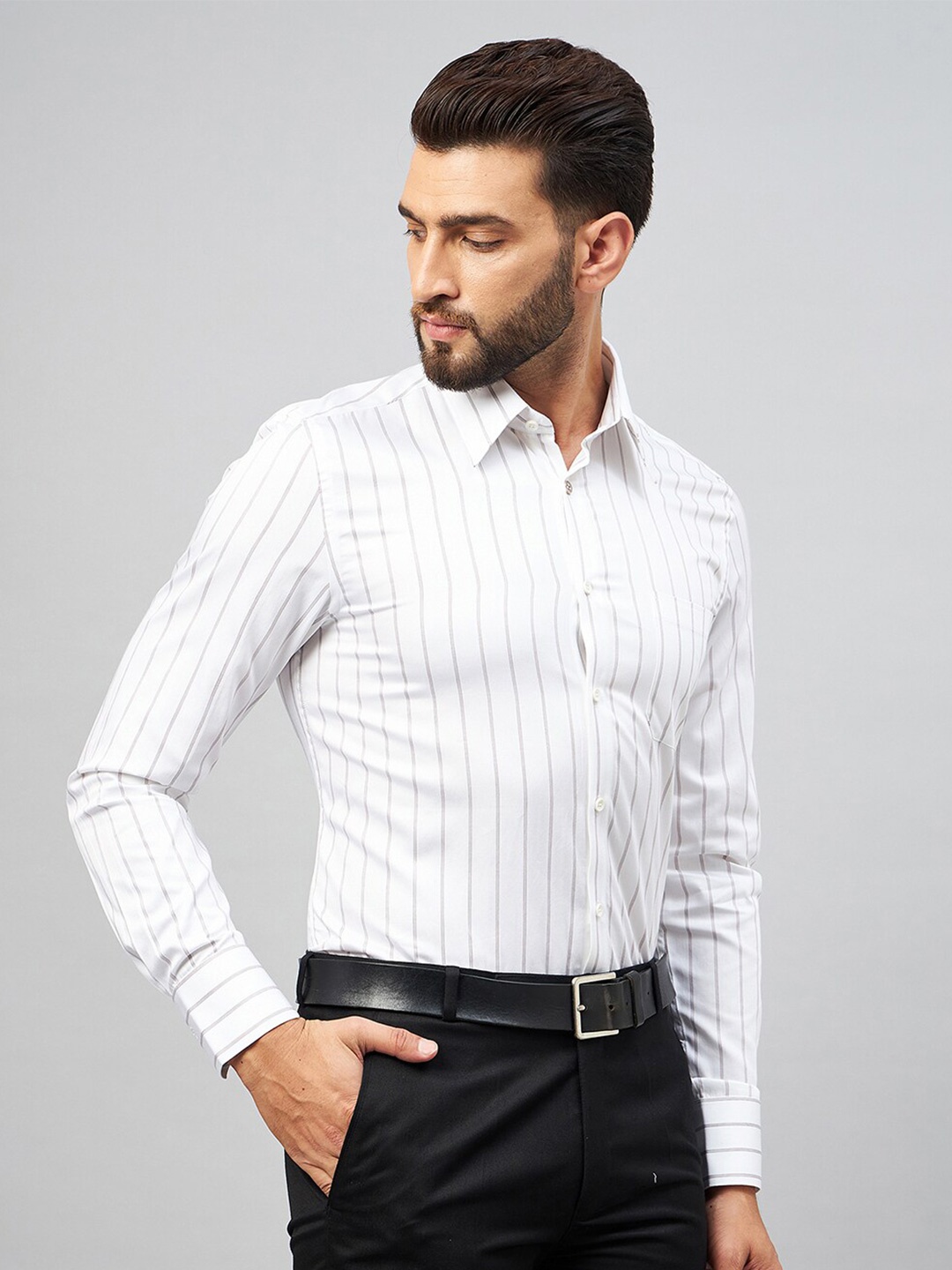 

LOUIS STITCH Vertical Striped Comfort Regular Fit Cotton Formal Shirt, White