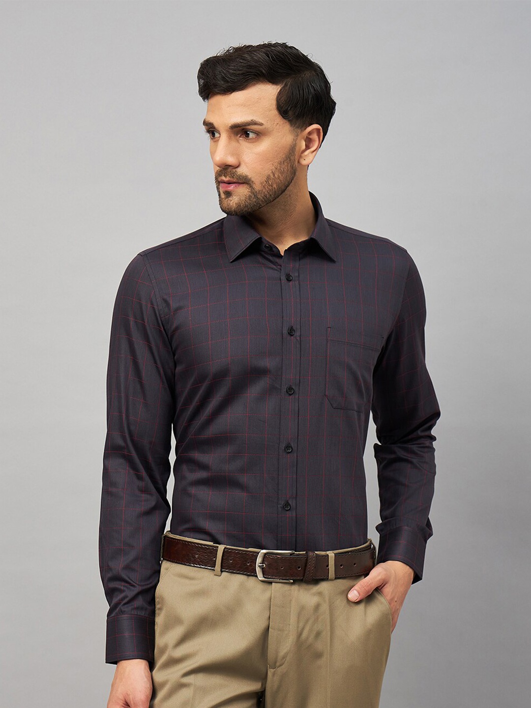 

LOUIS STITCH Comfort Grid Tattersall Checked Cotton Formal Shirt, Black