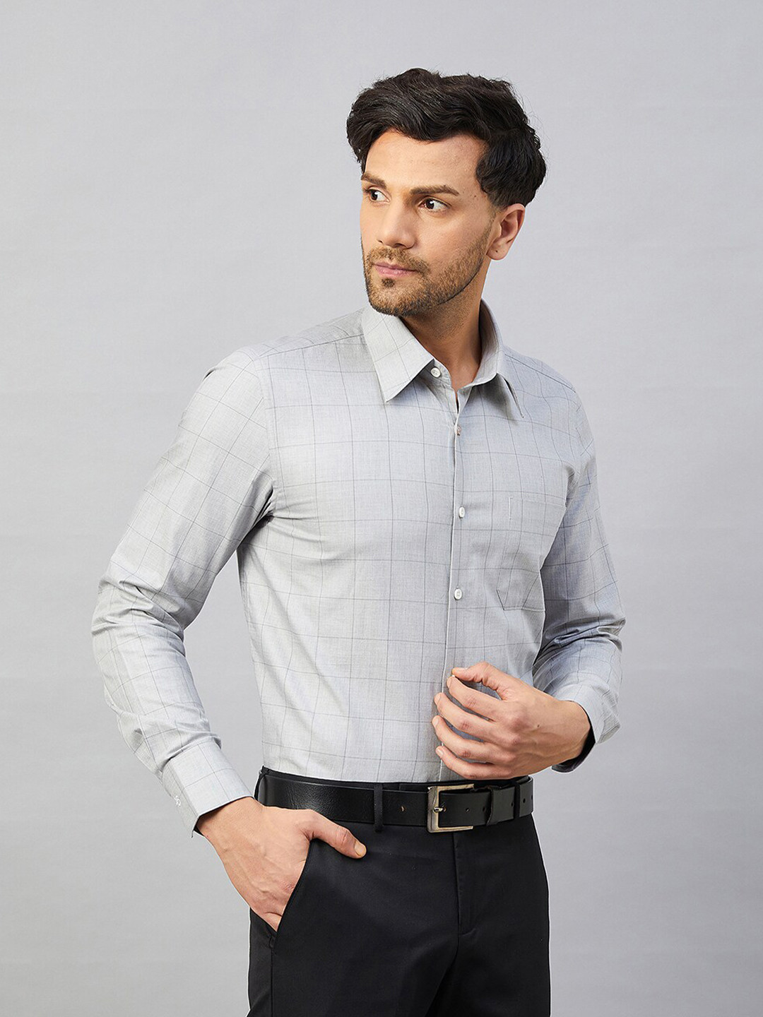 

LOUIS STITCH Comfort Windowpane Checked Cotton Formal Shirt, Grey