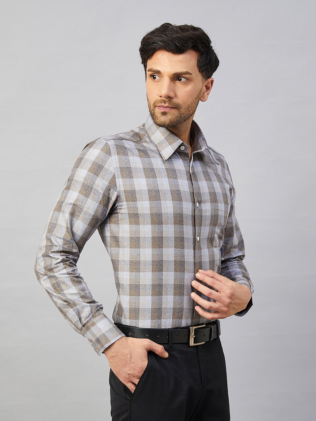 LOUIS STITCH Comfort Tartan Checked Cotton Formal Shirt, Brown
