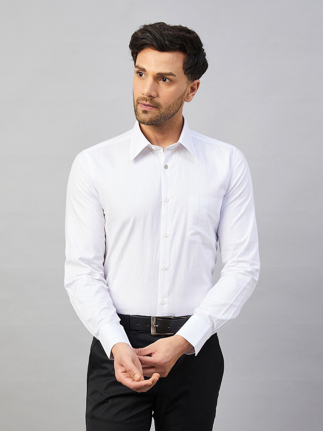 

LOUIS STITCH Comfort Striped Spread Collar Cotton Formal Shirt, White