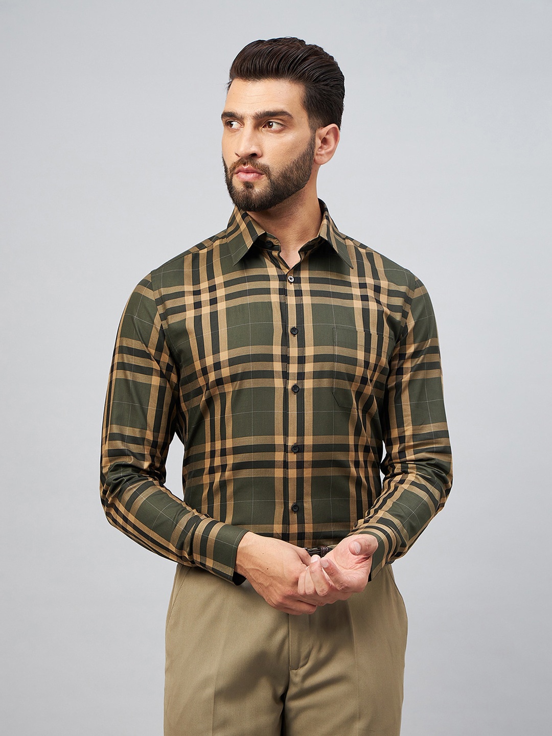 

LOUIS STITCH Comfort Regular Fit Tartan Checked Spread Collar Cotton Formal Shirt, Brown