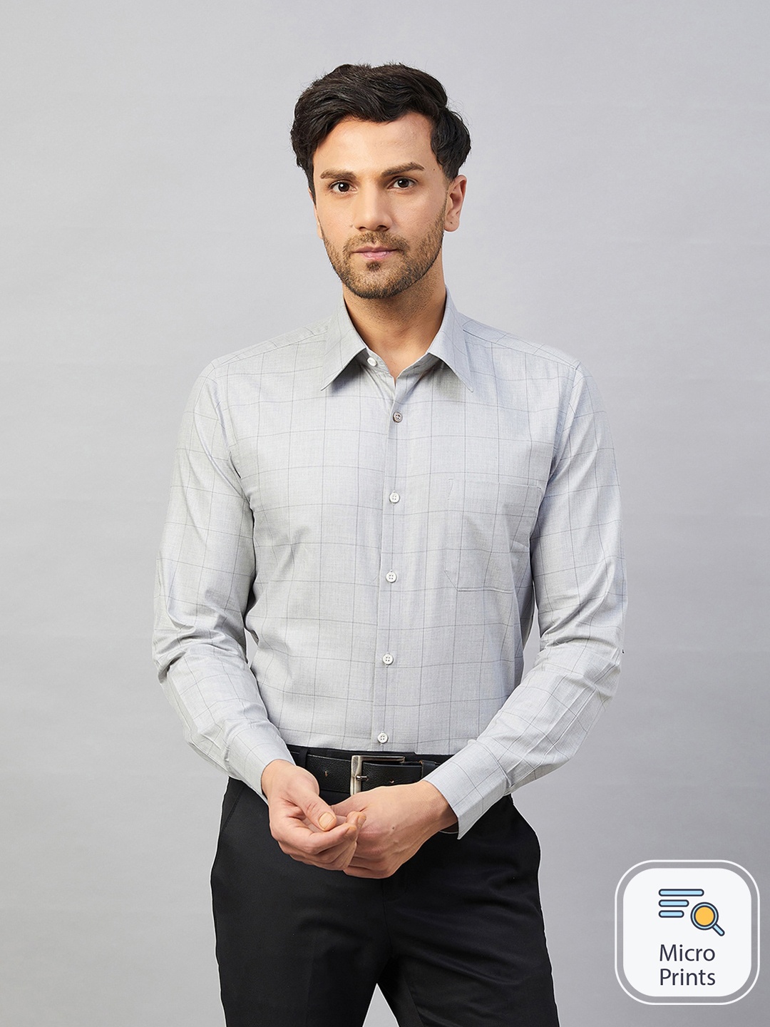 

LOUIS STITCH Comfort Windowpane Checks Cotton Formal Shirt, Grey