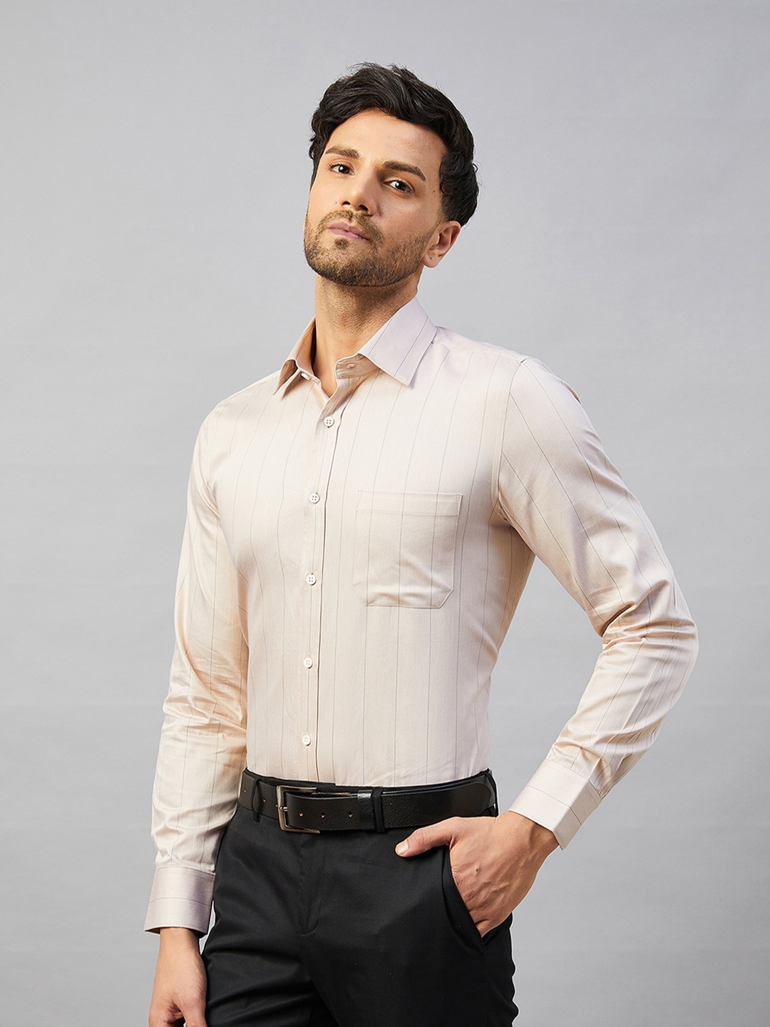 LOUIS STITCH Comfort Vertical Striped Cotton Formal Shirt, Cream