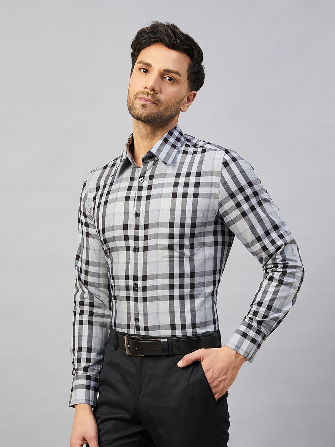 LOUIS STITCH Comfort Tartan Checked Cotton Formal Shirt, Grey