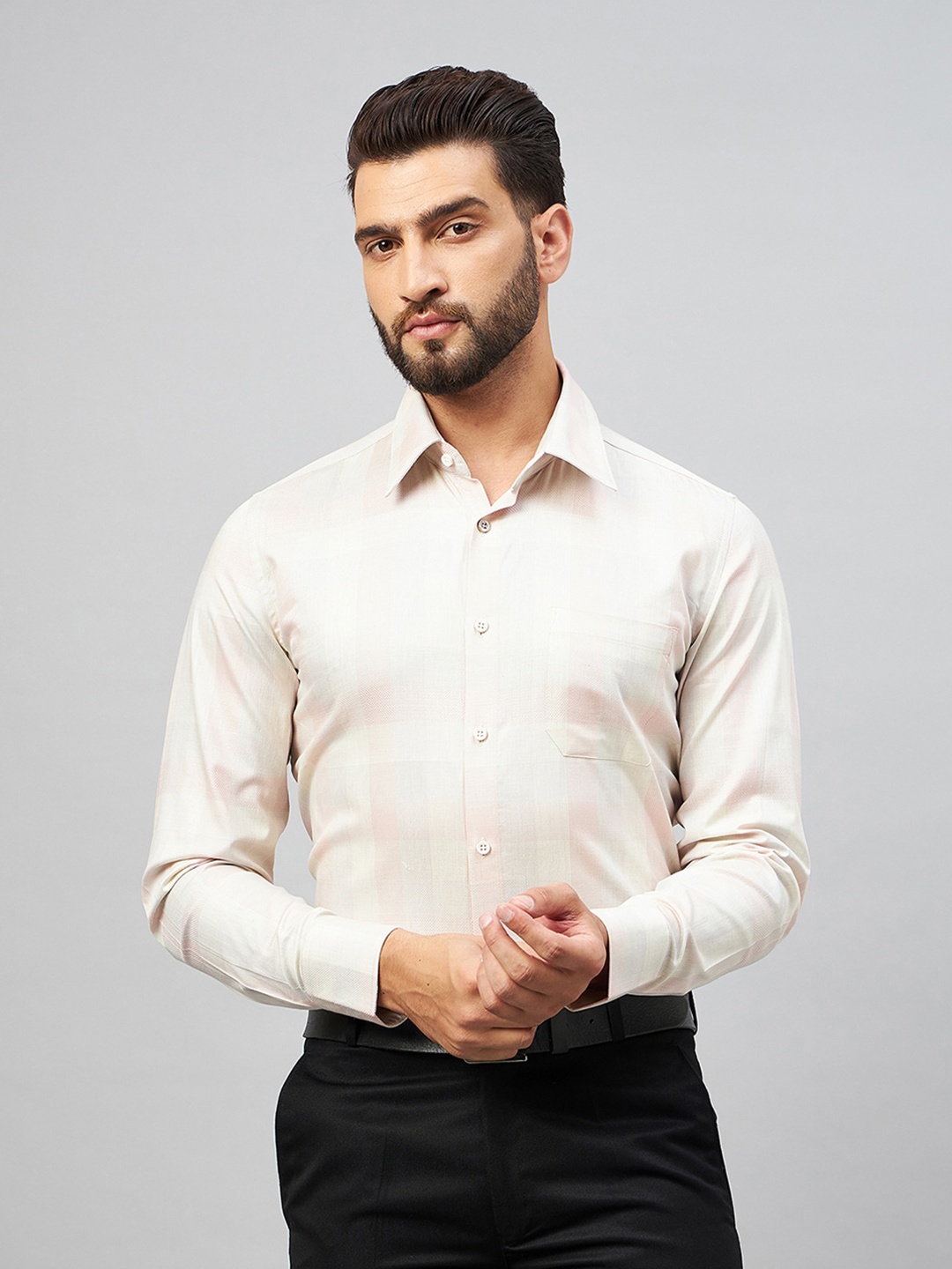 

LOUIS STITCH Comfort Regular Fit Checked Spread Collar Cotton Formal Shirt, Cream