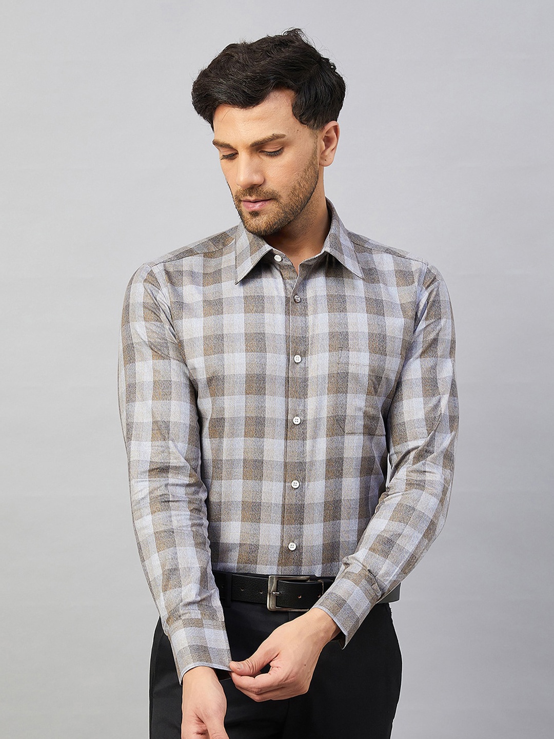 LOUIS STITCH Comfort Checked Cotton Formal Shirt, Brown