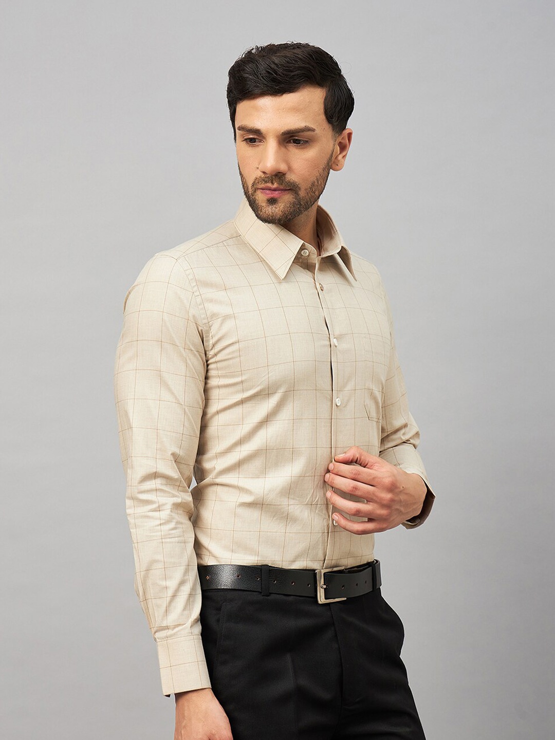 

LOUIS STITCH Grid Tattersall Checked Comfort Regular Fit Cotton Formal Shirt, Brown