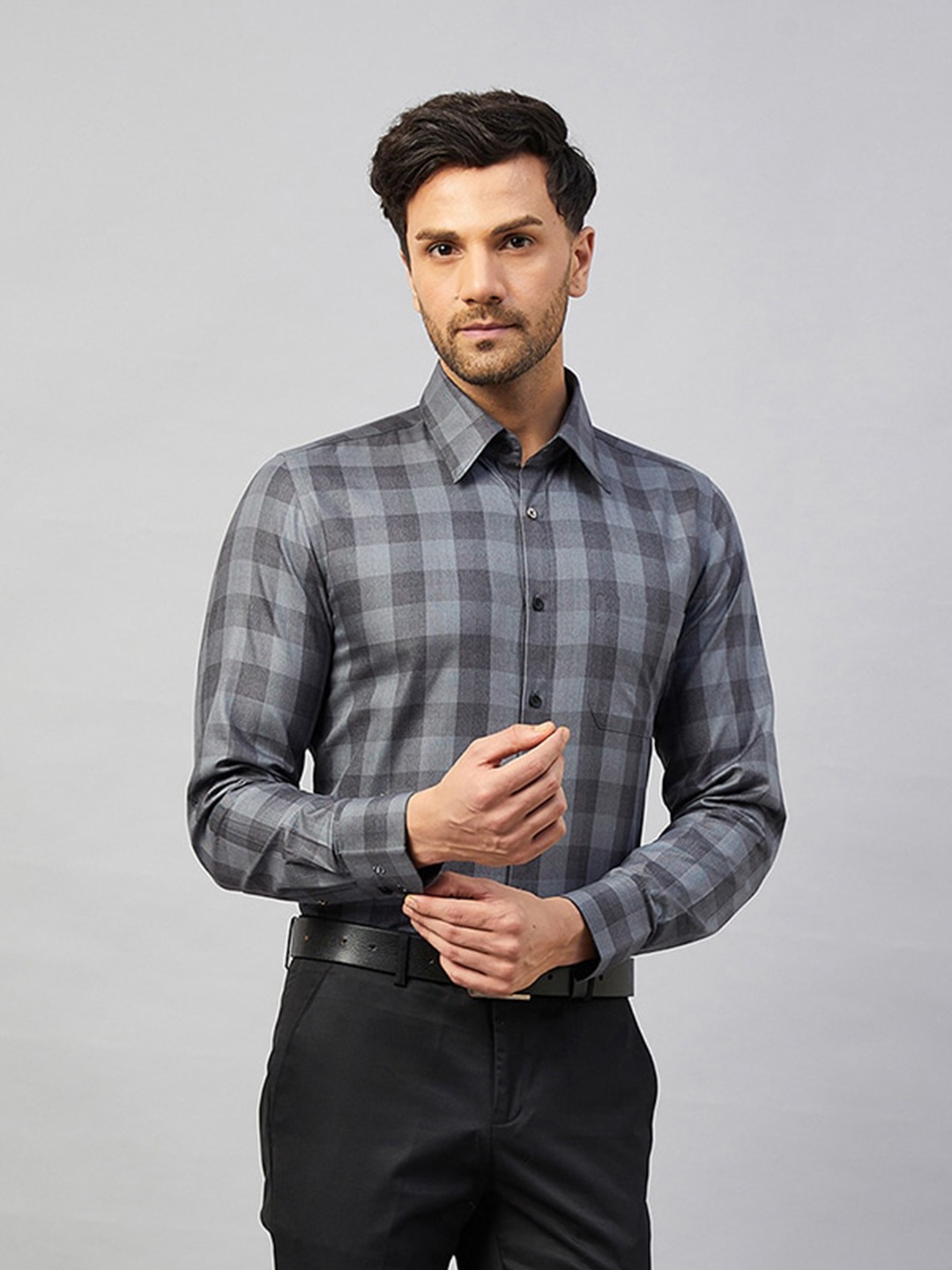 

LOUIS STITCH Comfort Tartan Checks Spread Collar Cotton Formal Shirt, Grey