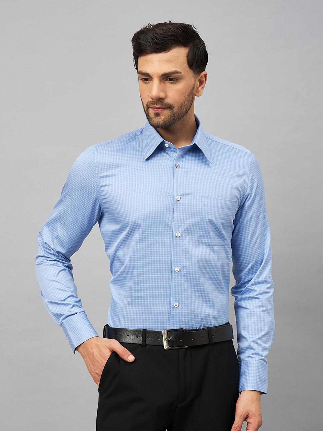 LOUIS STITCH Comfort Micro Checks Spread Collar Cotton Formal Shirt, Blue