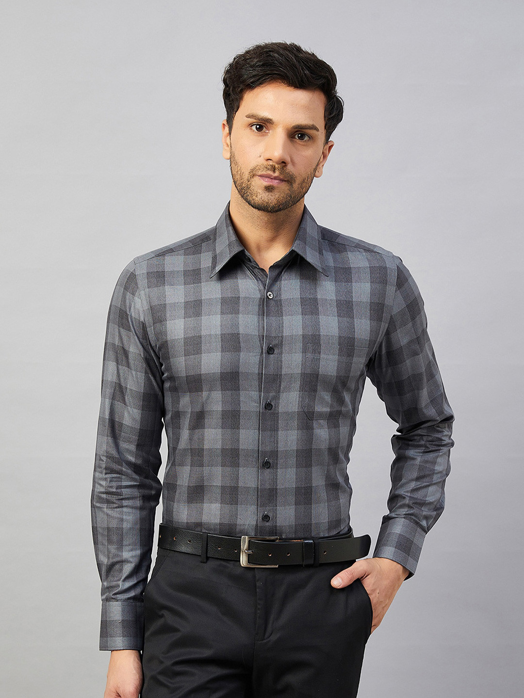 

LOUIS STITCH Comfort Tartan Checks Spread Collar Cotton Formal Shirt, Grey