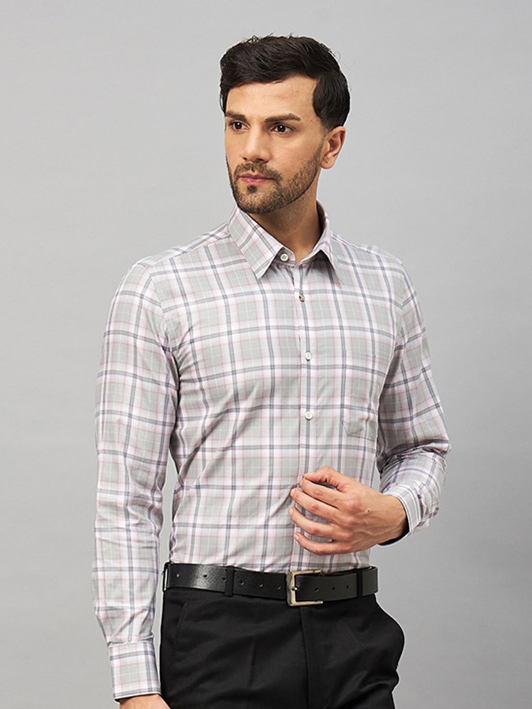 

LOUIS STITCH Comfort Tartan Checked Spread Collar Cotton Formal Shirt, Grey