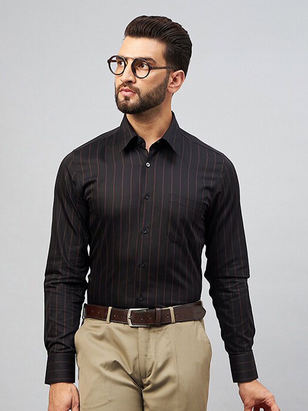

LOUIS STITCH Comfort Vertical Striped Cotton Formal Shirt, Black