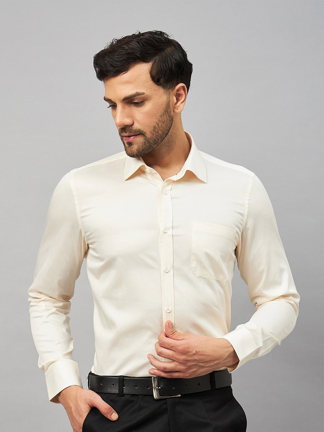 

LOUIS STITCH Comfort Spread Collar Cotton Formal Shirt, Cream