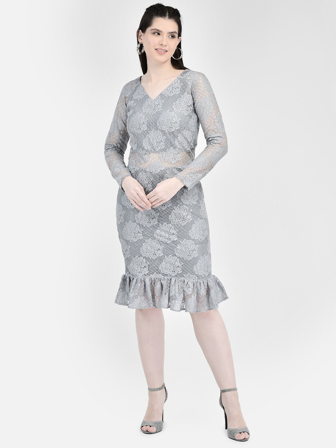 

Eavan V-Neck Floral Print Net Sheath Dress, Grey