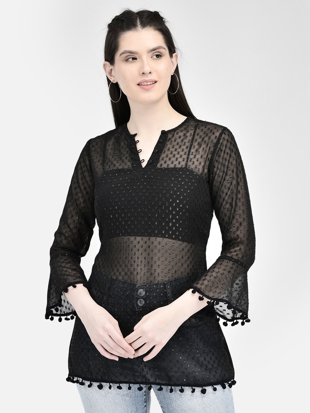 

Eavan Self Design Bell Sleeve Semi Sheer Georgette Regular Top, Black