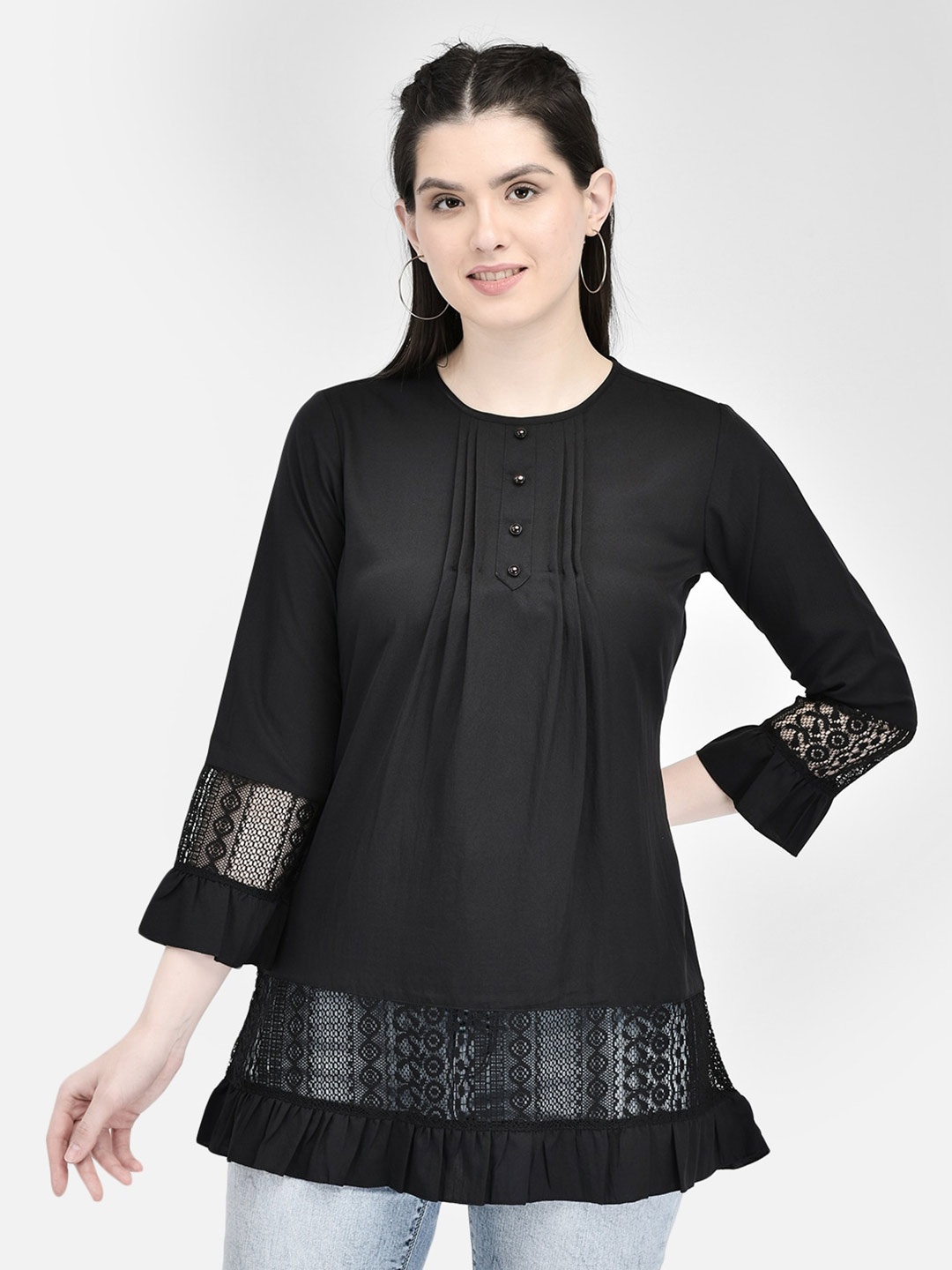 

Eavan Round Neck Lace Embellished Top, Black