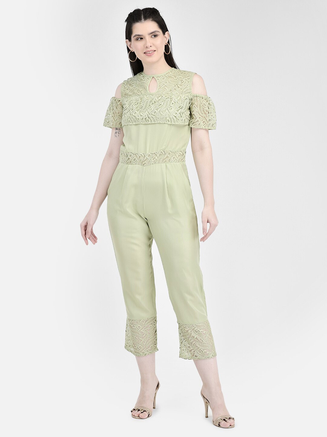 

Eavan Self Design Basic Jumpsuit With Lace Inserts, Sea green