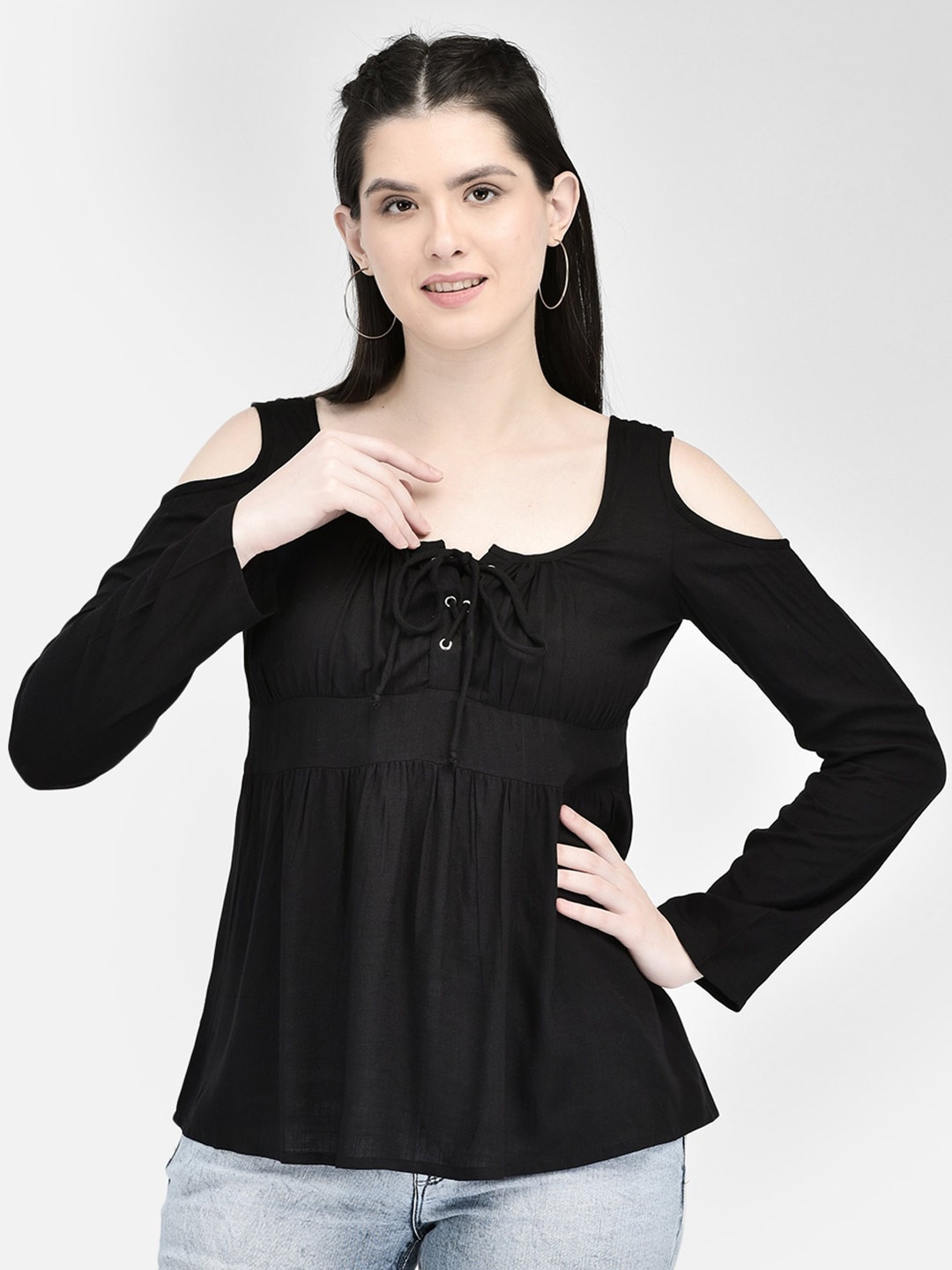 

Eavan Tie-Up Neck Cold-Shoulder Empire Top, Black