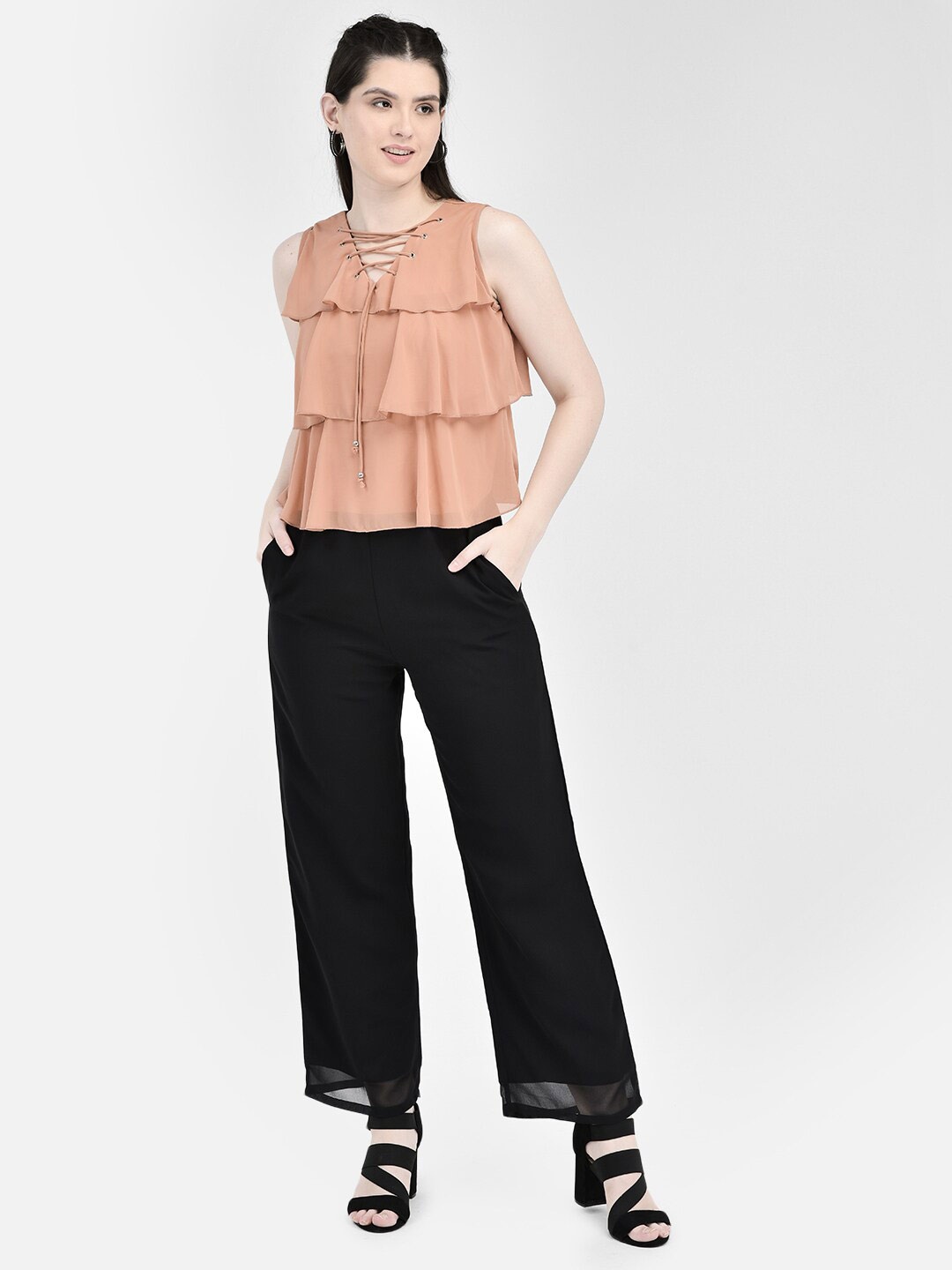 

Eavan Tie Up Neck Basic Jumpsuit With Layered, Peach