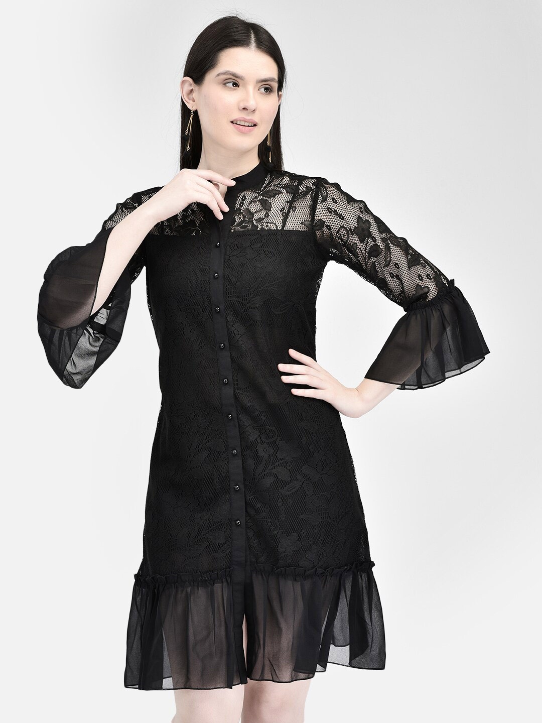 

Eavan Tie-Up Neck Bell Sleeve Georgette Drop-Waist Dress, Black