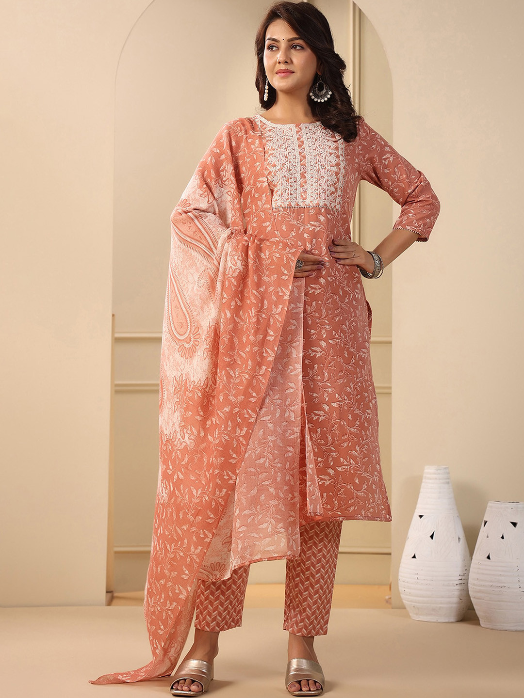 

Indo Era Floral Printed Thread Work Pure Cotton Straight Kurta & Trouser With Dupatta, Rust