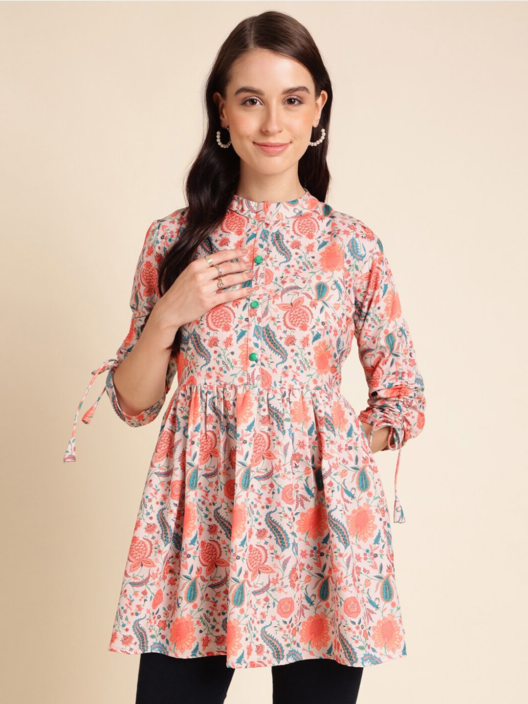 

Sangria Mandarin Collar Floral Printed Tunic, Orange