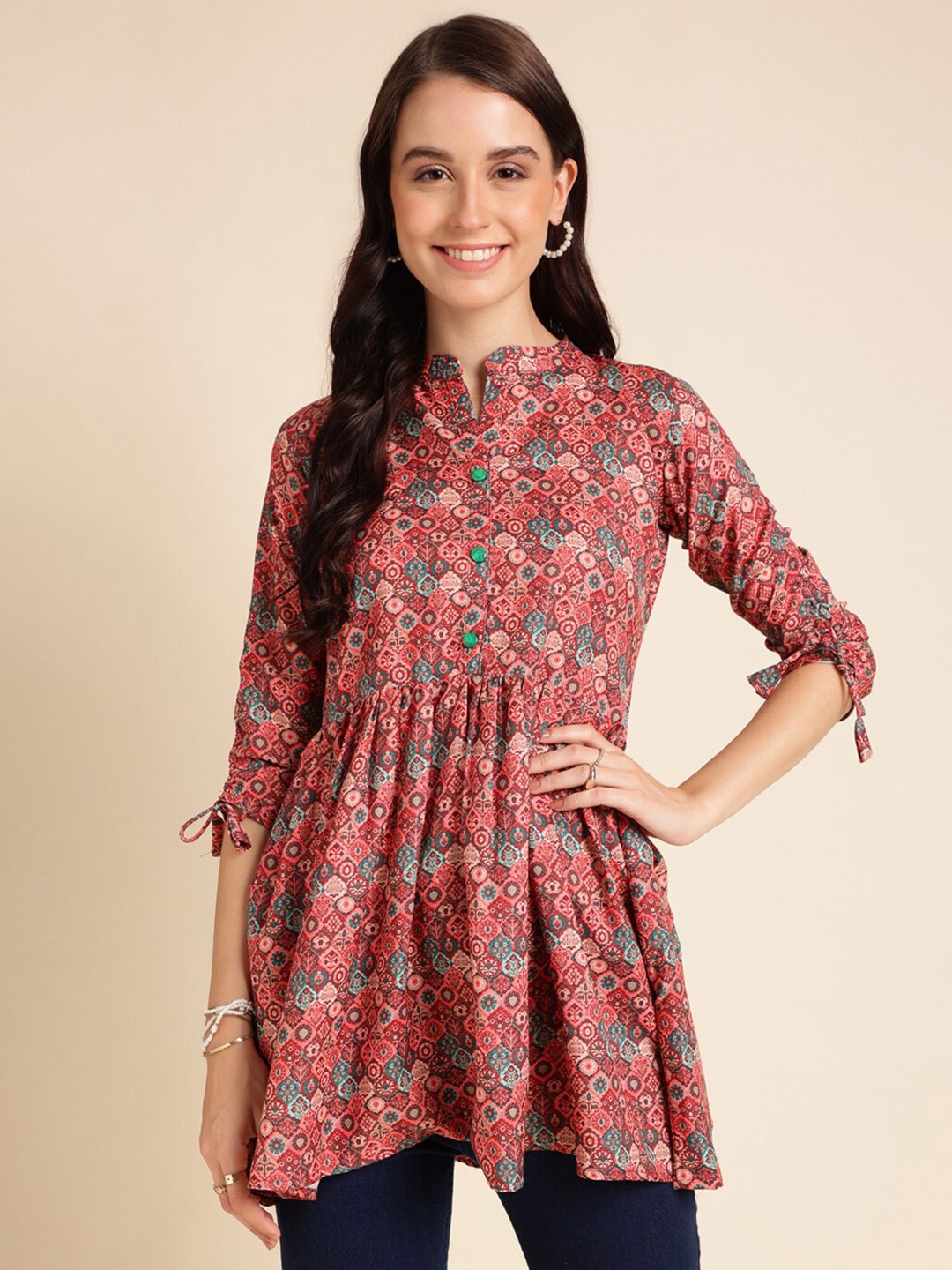 

Sangria Floral Printed Mandarin Collar Tunic, Red