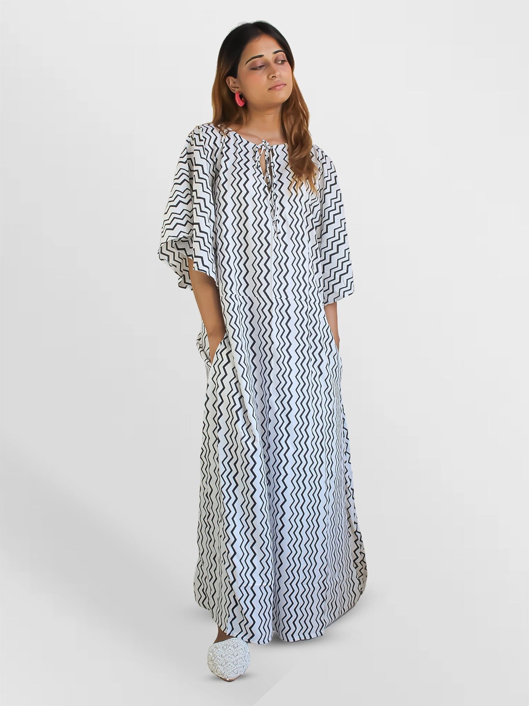 

Be Sunset Ibiza Geometric Printed Keyhole Neck Maxi Dress, White