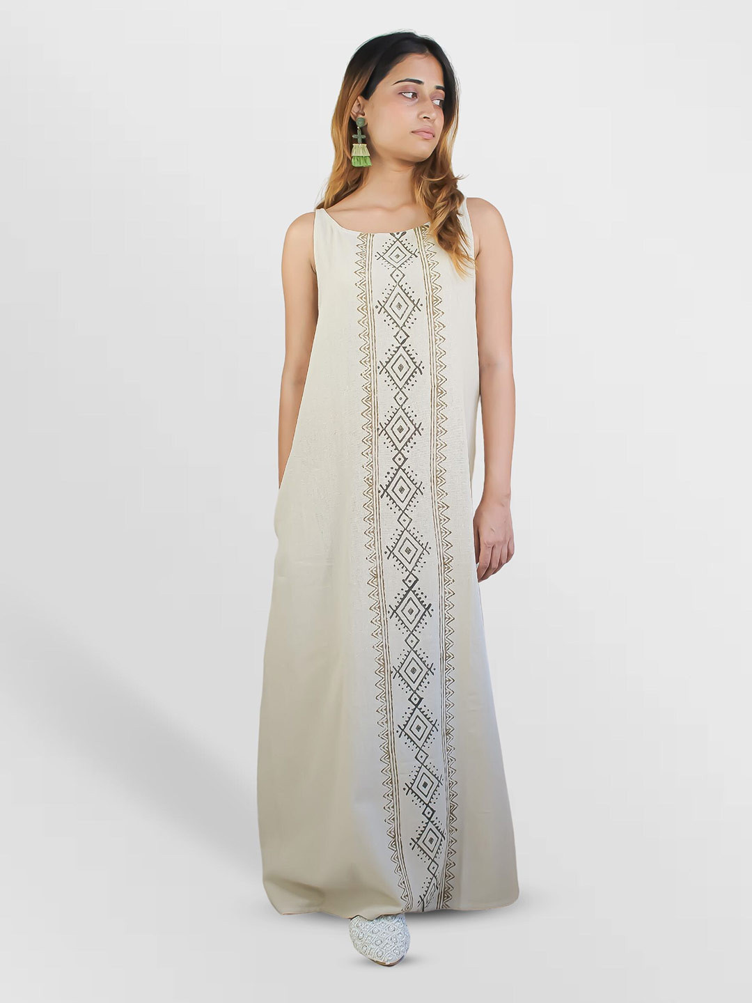 

Be Sunset Ibiza Geometric Printed Pure Cotton Maxi Dress, Beige
