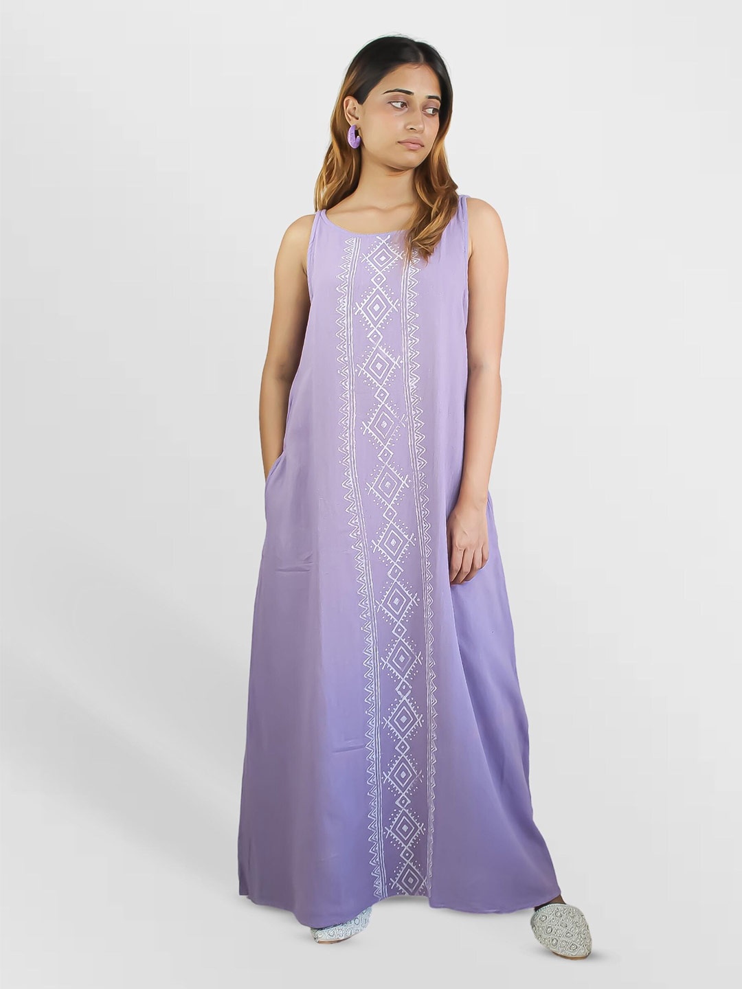 

Be Sunset Ibiza Geometric Printed Pure Cotton Maxi Dress, Lavender