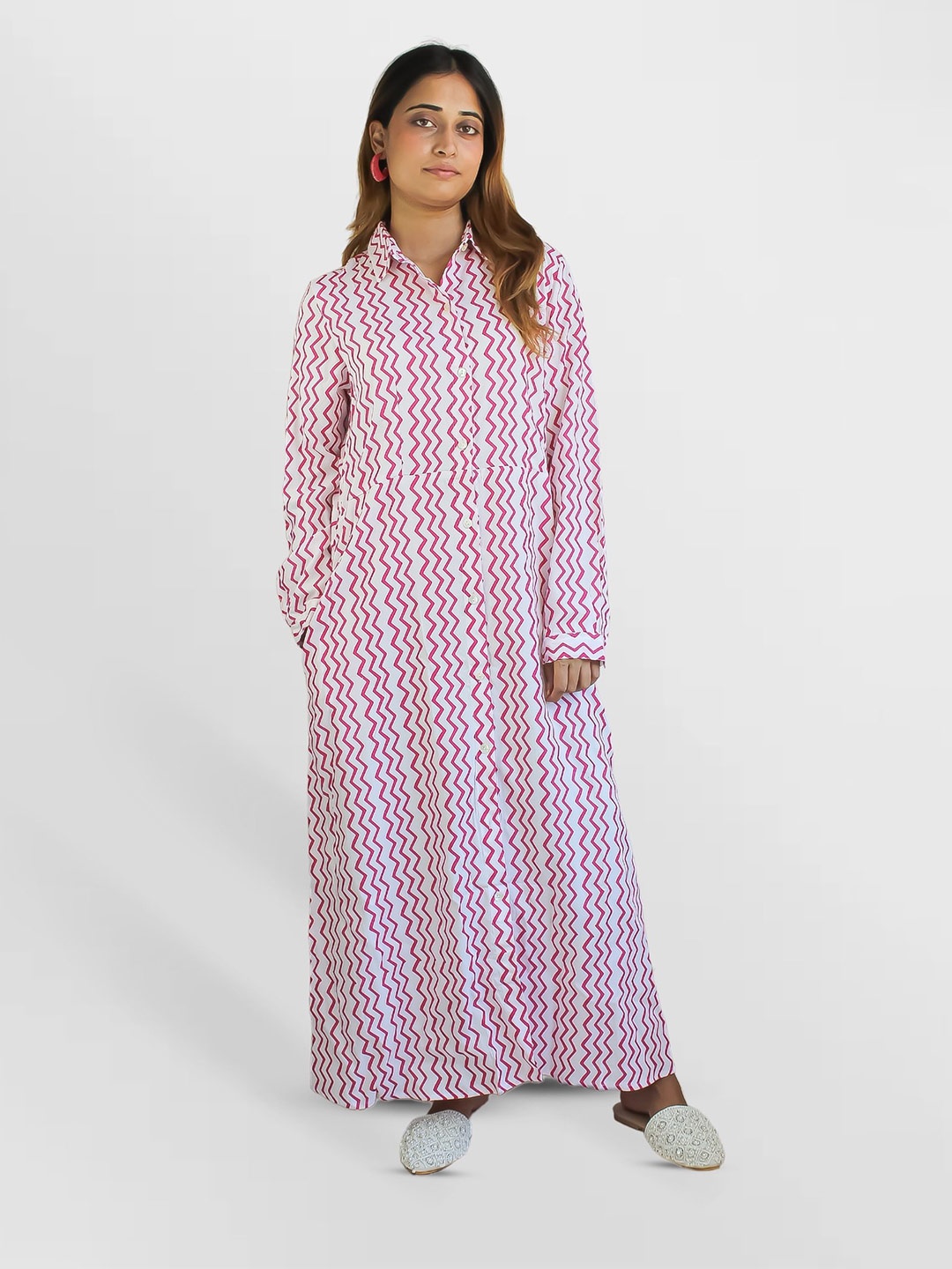 

Be Sunset Ibiza Geometric Printed Shirt Collar Cuffed Sleeves Shirt Maxi Dress, White