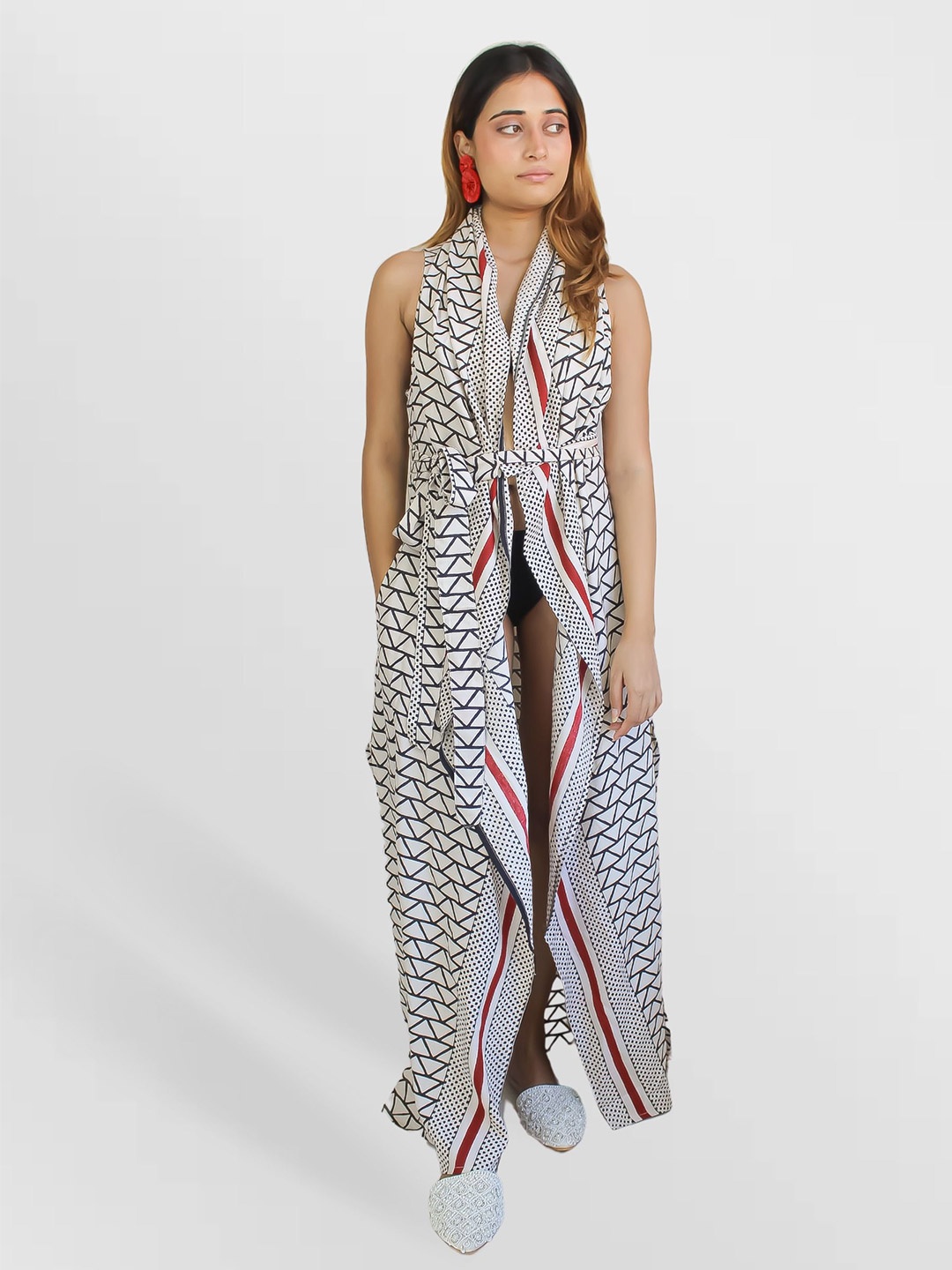 

Be Sunset Ibiza Geometric Printed Maxi Swimwear Cover Up Top, Black