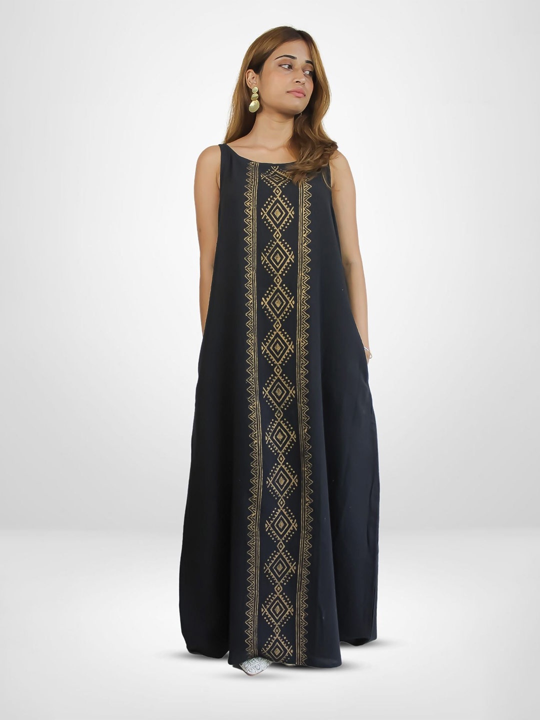 

Be Sunset Ibiza Ethnic Motifs Printed Pure Cotton Maxi Dress, Black