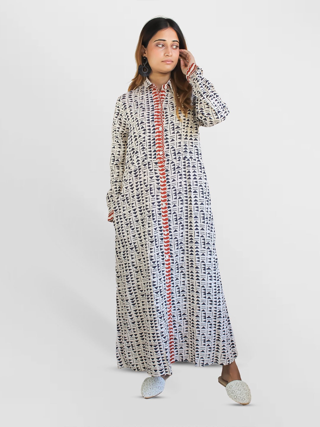 

Be Sunset Ibiza Abstract Printed Cuffed Sleeves Shirt Stye Maxi Dress, Beige