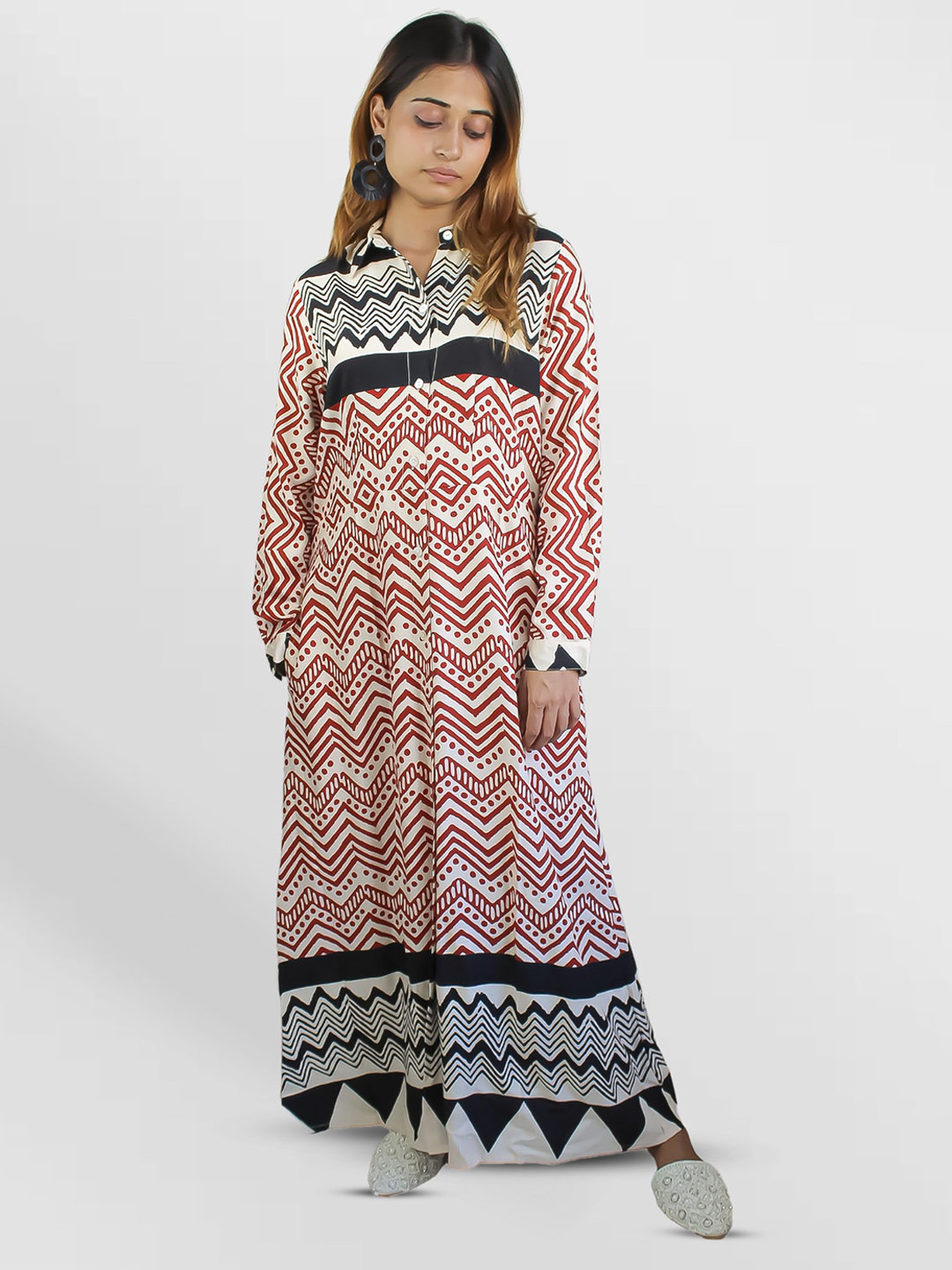

Be Sunset Ibiza Abstract Printed Cuffed Sleeves Shirt Stye Maxi Dress, Red