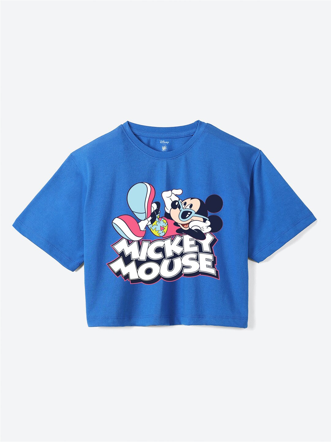 

YK Disney Girls Mickey Mouse Graphic Printed Pure Cotton T-Shirt, Blue