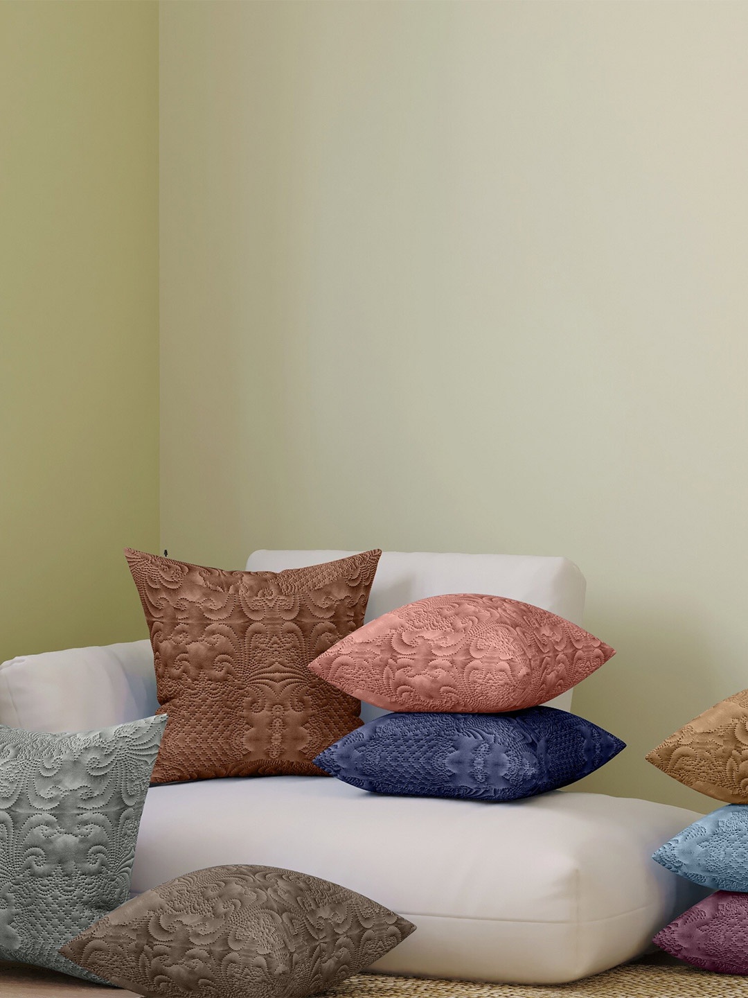 

LABHAM Beige 2 Pieces Self Design Square Cotton Cushion Covers