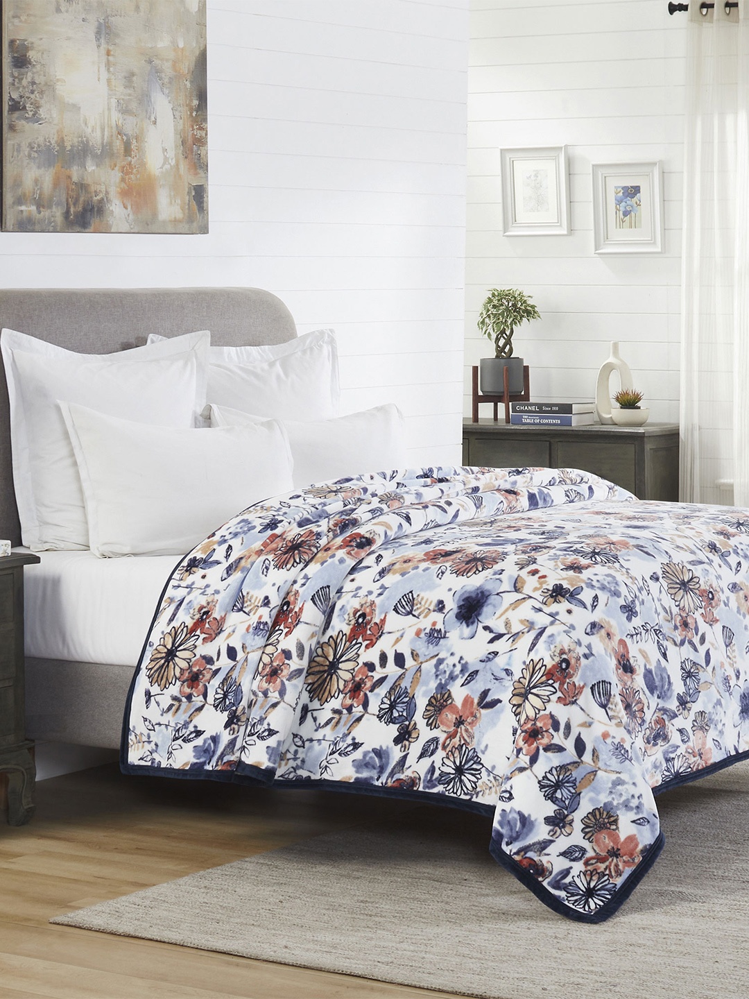 

MYTRIDENT White Blue Floral Microfiber AC Room Double Bed Blanket