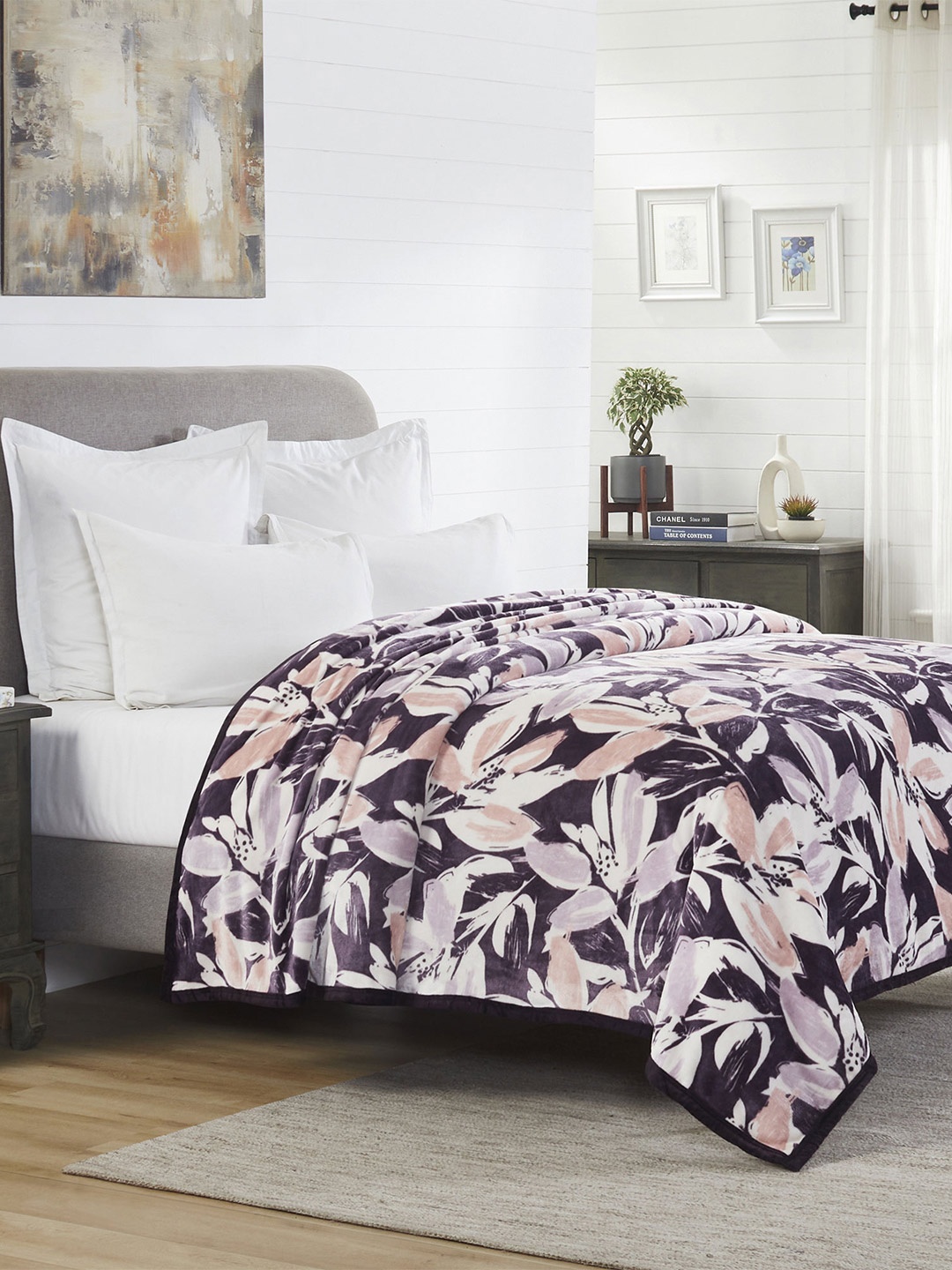 

MYTRIDENT Purple White Floral Microfiber AC Room Double Bed Blanket