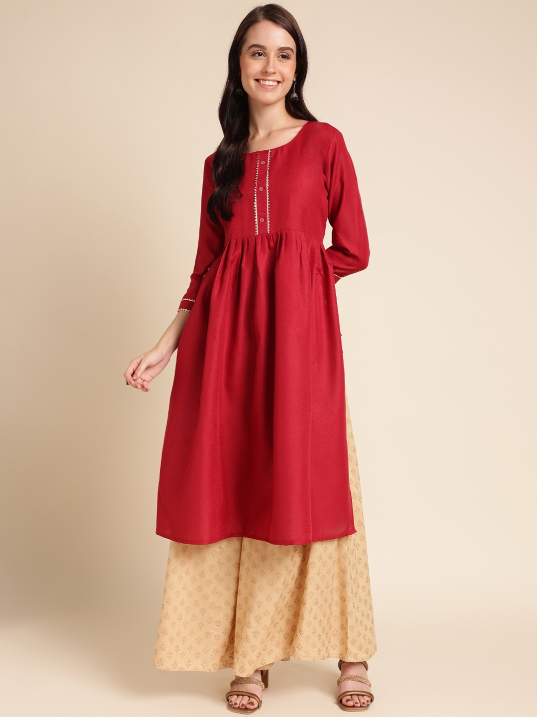 

HERE&NOW Gotta Patti Pleated Kurta, Red