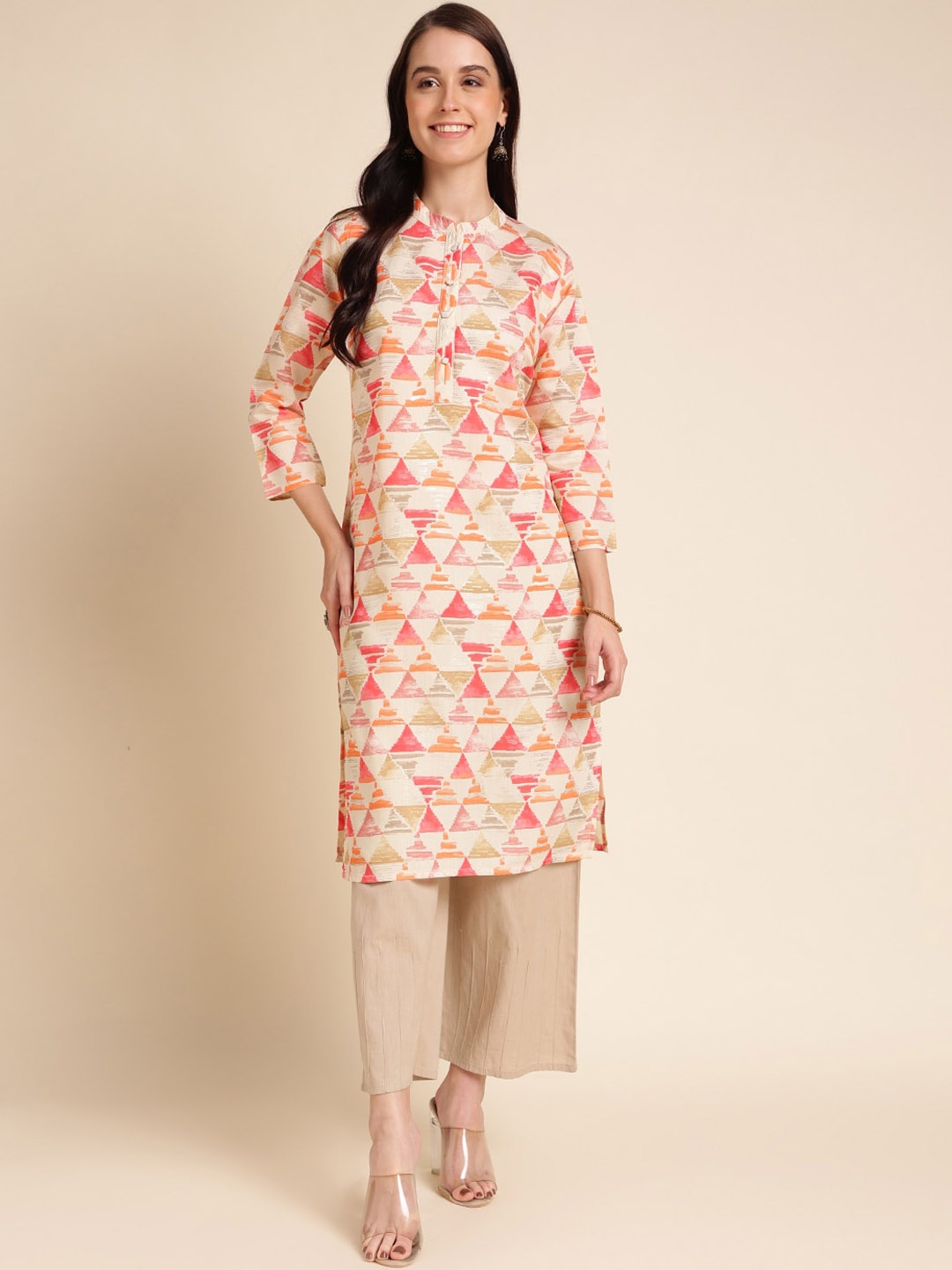 

HERE&NOW Geometric Printed Mandarin Collar Chanderi Cotton Kurta, Red