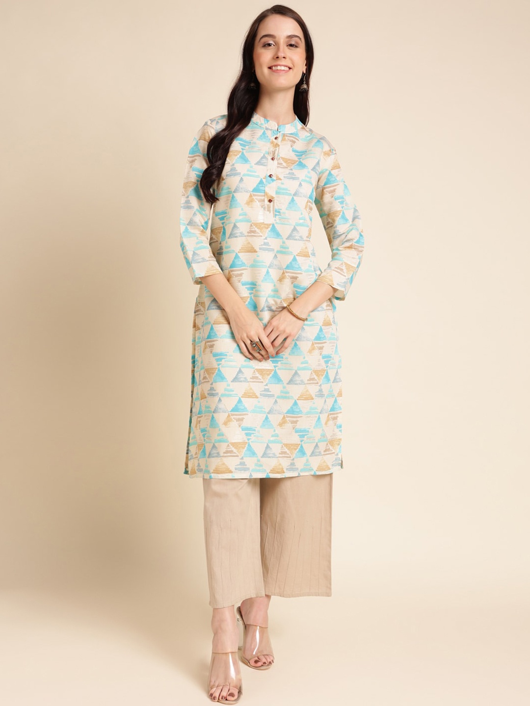 

HERE&NOW Geometric Printed Mandarin Collar Chanderi Cotton Kurta, Blue