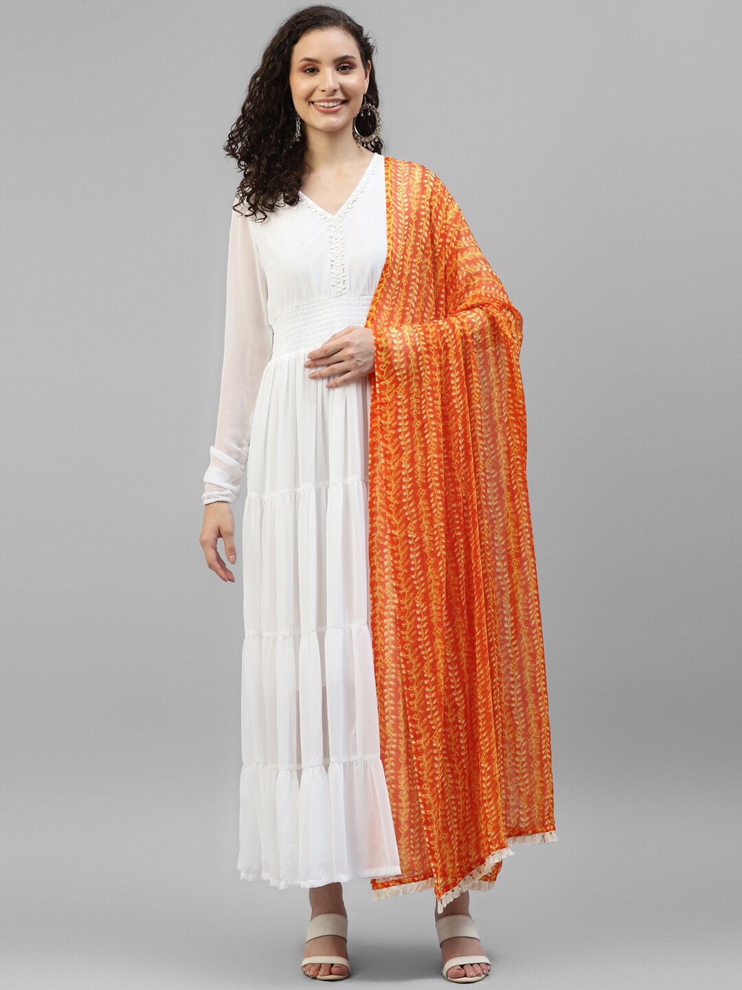

DEEBACO V-Neck Smocked Fit And Flare Ethnic Dress With Dupatta, White