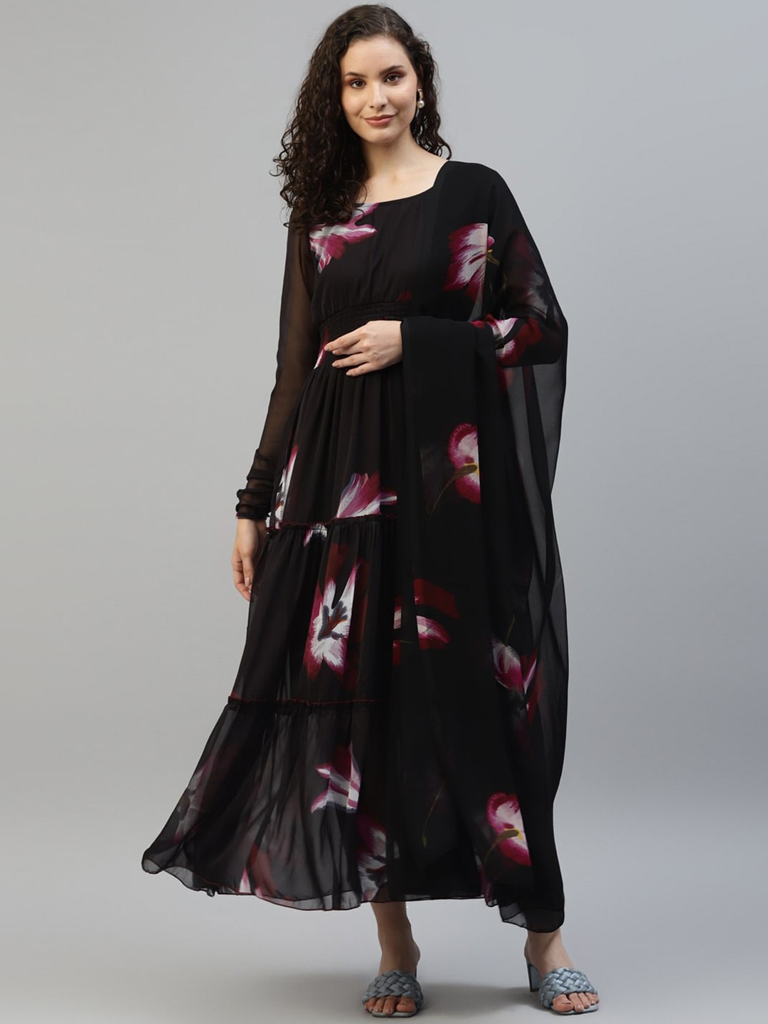 

DEEBACO Floral Printed Smocked Maxi Ethnic Dress Wirh Duptta, Black