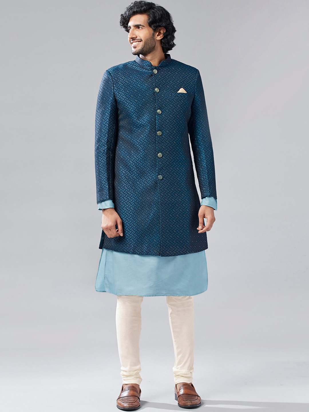 

KISAH Men Jacquard Kurta Indowestern Sherwani Set, Navy blue