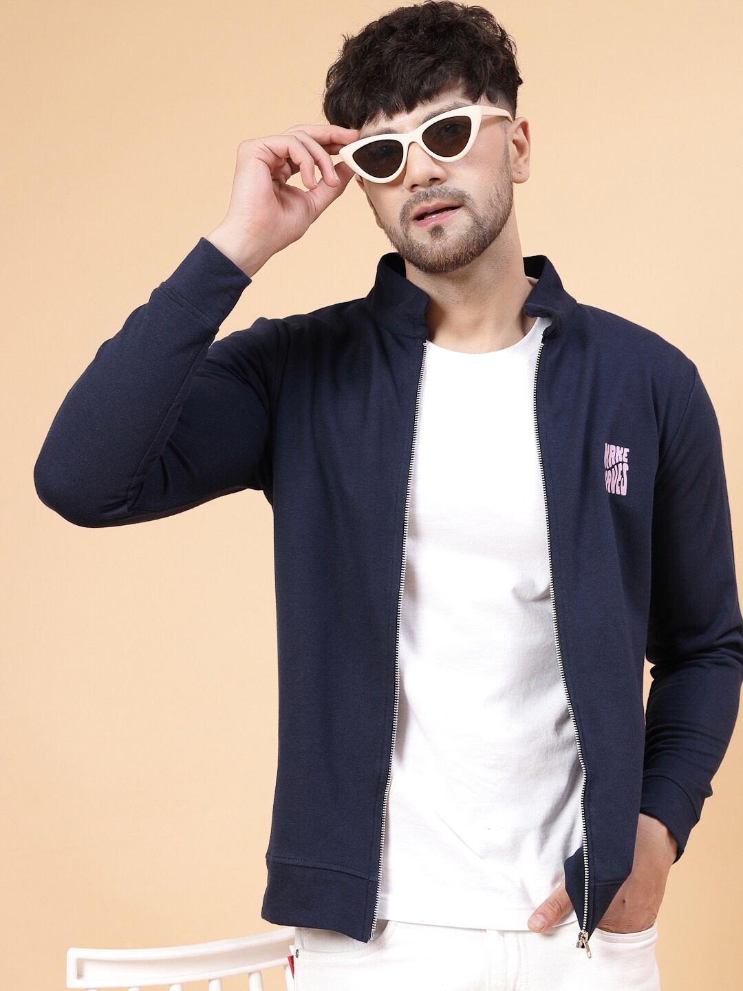 

Rigo Stand Collar Front-Open Sweatshirt, Navy blue