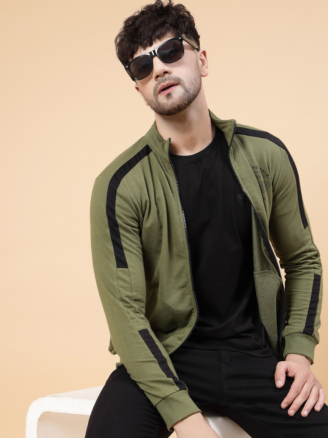 

Rigo Stand Collar Front-Open Sweatshirt, Olive